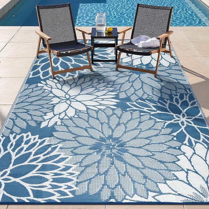 HUGEAR 5'x8' Outdoor Rug Waterproof Plastic Straw Rugs Blue Reversible Floral Mat Floor Carpet for Camping RV Deck Entryance Porch Picnic Balcony Beach Backyard