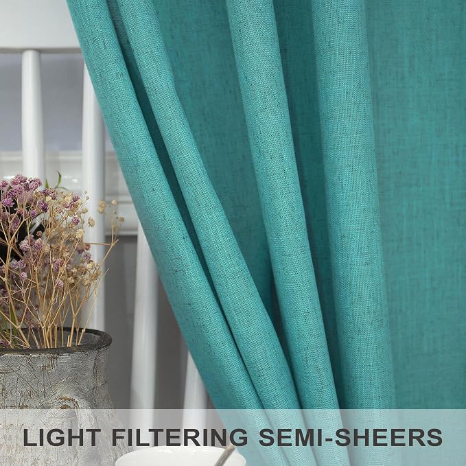Pitalk Light Filtering Teal Sheer Curtains 108 Inches Long 2 Panels Set for Living Room Linen Semi Sheer Voile Light Weight Floor to Ceiling Turquoise Aqua Blue Green Drape for Bedroom 52x108 Back Tab