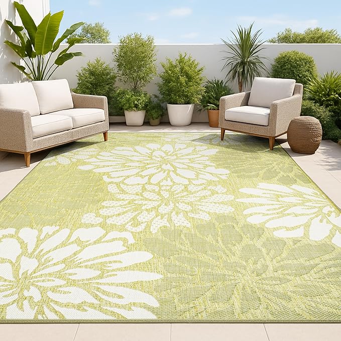 JONATHAN Y Floral Textured Weave Indoor Outdoor Area Rug 3X5 Green/Cream, Zinnia Modern for Backyard, Patio, Porch, Easy-Cleaning, High Traffic, Pet-Friendly, Non-Shedding (SMB110H-3)