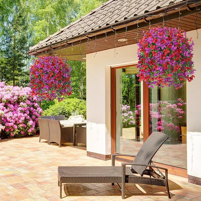 INXUGAO Artificial Hanging Flowers Plants with Basket for Outdoors, Realistic Faux Silk Daisy Flower Eucalyptus for Spring Decor, UV Resistant Fake Plants for Porch Patio Yard Balcony, Red Purple