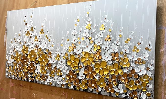 Yika Art Paintings - 24X48 Inch 3D Golden Silver Flower Tree Wall Art Abstract Textured Knife Platte Acrylic Painting on Canvas 3D Flowers Tree Paintings Ready to hang