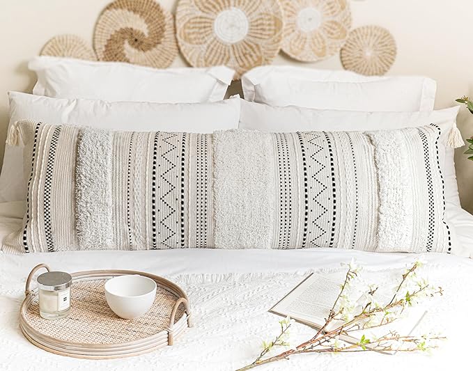 BlissBlush 20X54 Oversized Large Lumbar Pillow Cover for Bed, Rectangular Long Decorative Throw Pillowcase, Cotton Boho Accent Cushion with Black Tufted Pattern and Tassels, Cream Neutral (Cover Only)