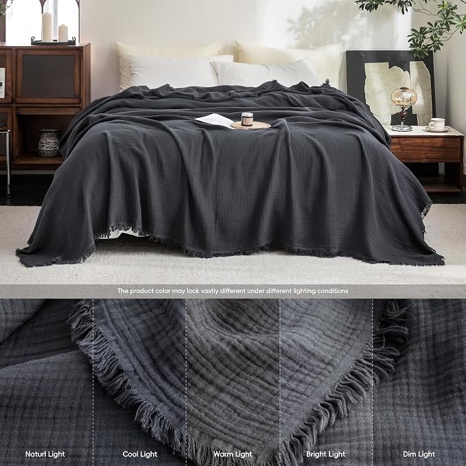 FOSSA Muslin Blanket 4-Layer 100% Cotton Gauze Blanket with Fringe 50"x60" | Super Soft Breathable Lightweight All Season & Decorative Blanket or Bed, Sofa, Office (Dark Gray,Throw)