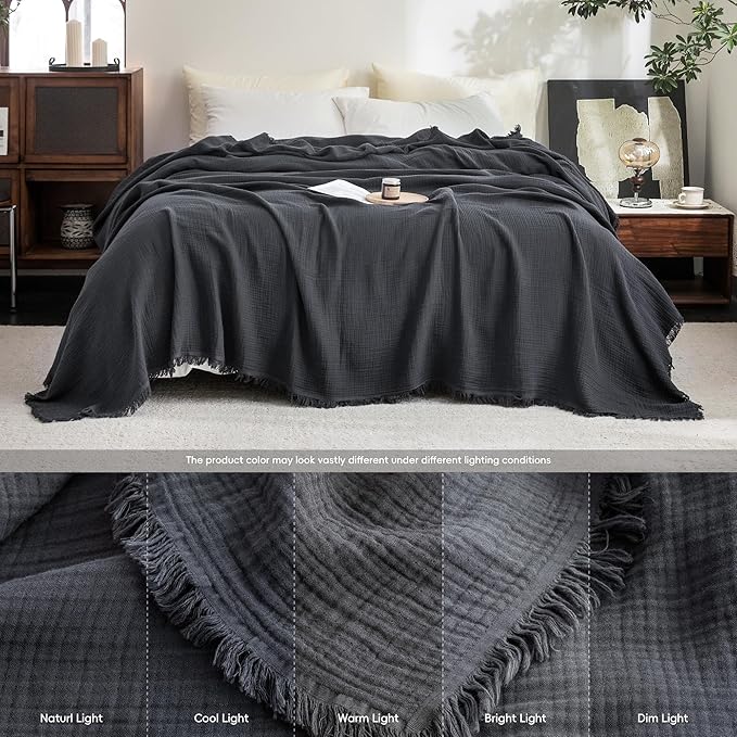 FOSSA Muslin Blanket 4-Layer 100% Cotton Gauze Blanket with Fringe 50"x70" | Super Soft Breathable Lightweight All Season & Decorative Blanket or Bed, Sofa, Office (Dark Gray,Throw XL)