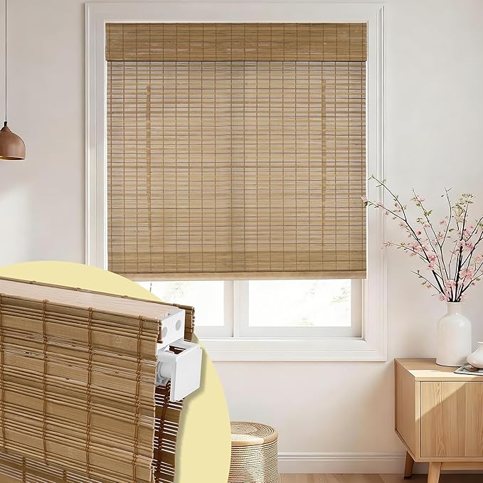 No Drill No Tools Bamboo Roman Shades, Cordless Light Filtering Window Blinds with Valance, Natural Woven Wood Shades for Living Room Dining Room, Camel（Sheer-View）, Custom Size