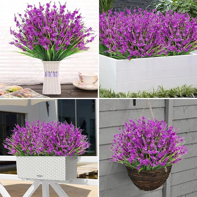 20 Bundles Artificial Lavender Flowers for Outdoors Fake Silk Flowers Faux Plants UV Resistant for Outside Indoor Spring Porch Window Garden Table Box Office Home Decorations, Fuchsia