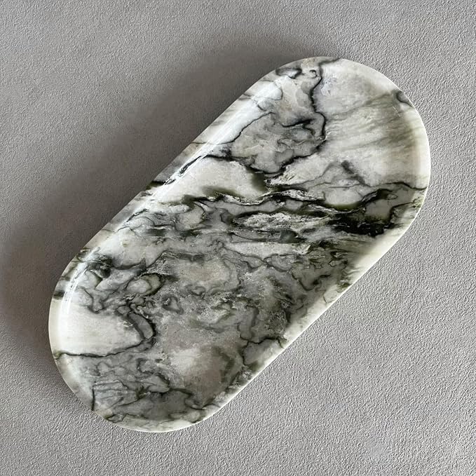 Natural Marble Oval Tray Ornaments Vintage Small Tray Storage Dish for Counter, Vanity, Dresser, Nightstand and Desk (Green Emerald)