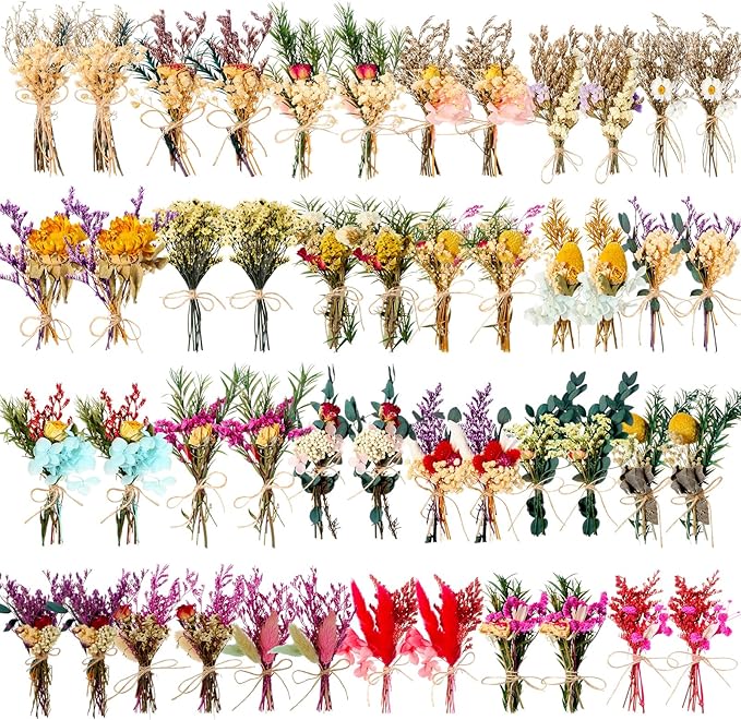 Tinideya 48 Pcs Dried Flowers Bouquet Boho Mini Dried Flower with Stem Small Floral Plants Mixed Natural Flowers Bundles for Crafts Vase DIY Photo Props Wedding Decoration