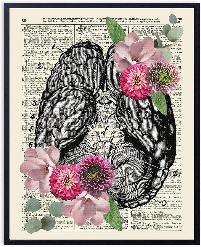 VintBo, Anatomy with Flowers and Eucalyptus, Vintage Dictionary Art Print, Modern Contemporary Wall Art For Home Decor, Boho Poster, Country Farmhouse Decor 8x10 Inches, Unframed (Brain)