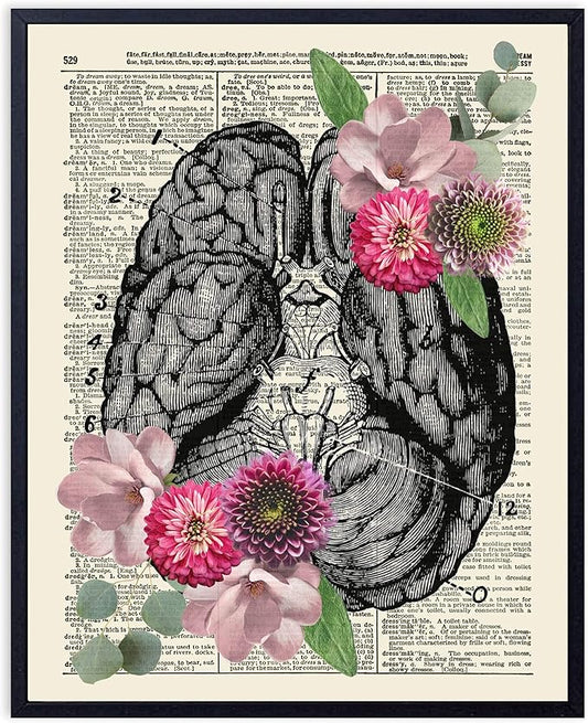VintBo, Anatomy with Flowers and Eucalyptus, Vintage Dictionary Art Print, Modern Contemporary Wall Art For Home Decor, Boho Poster, Country Farmhouse Decor 8x10 Inches, Unframed (Brain)