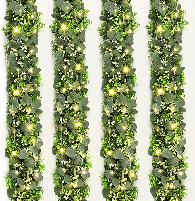 4Pcs Eucalyptus Garland with Lights, Greenery Garland, Green Garland with Flowers, 5.9FT Artificial Faux Eucalyptus Leaves Vines for Table Mantle Home Wedding Party Indoor Outdoor Decor