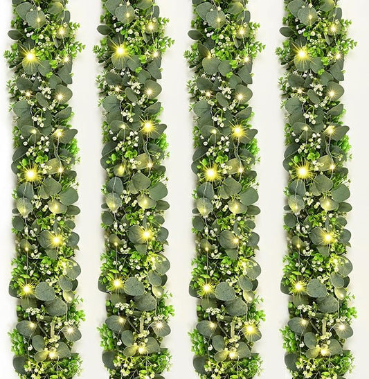 4Pcs Eucalyptus Garland with Lights, Greenery Garland, Green Garland with Flowers, 5.9FT Artificial Faux Eucalyptus Leaves Vines for Table Mantle Home Wedding Party Indoor Outdoor Decor