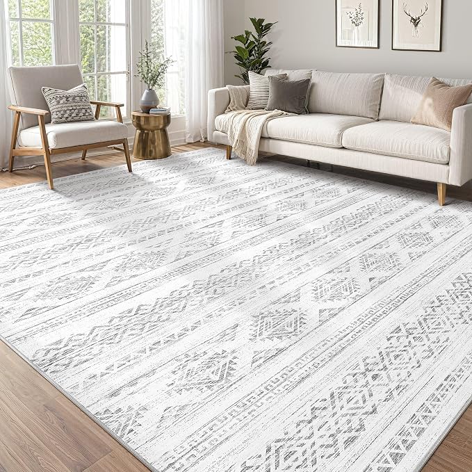 Tortania Area Rug Living Room Rugs - 12x15 Washable Large Soft Neutral Boho Moroccan Bohemian Farmhouse Rug Indoor Floor Carpet for Bedroom Under Dining Table Home Office Decor - Ivory Gray