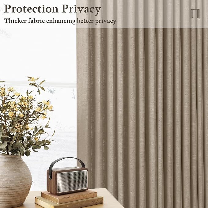 Camel Tan Pinch Pleated Curtains 84 Inches Long 2 Panels Country Farmhouse Light Filtering Privacy Back Tab Thick Linen Drapes for Living Dining Room Bedroom Memory Trained Shaped Pleat Curtain