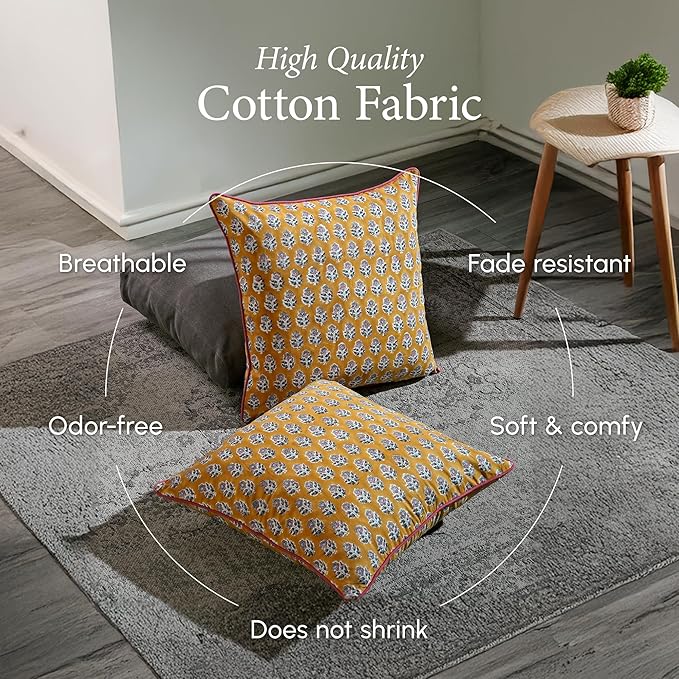 CPC 100% Cotton Throw Pillow Covers 18x18 Inch, Set of 2 Yellow Block Print Pattern Couch Pillow, Cute Boho Decorative Pillows for Living Room, Bedroom with Hidden Zipper- Yellow Citrine