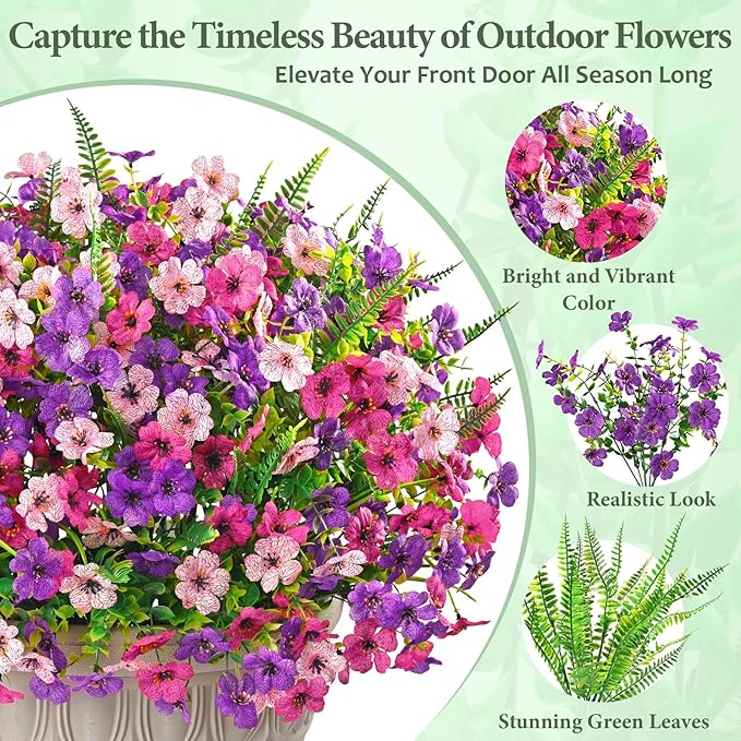 Yastouay 12 Bundles Artificial Flowers for Outdoors, UV Resistant Artificial Outdoor Flowers No Fade Fake Outdoor Flowers Plants for Garden Porch Window Box Pot Planters Decor (Mixing+Fern A)