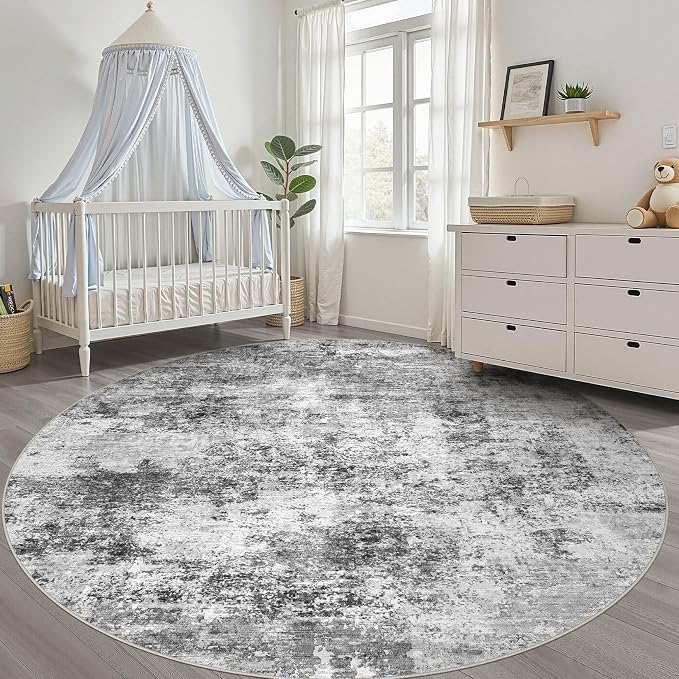 8ft Round Rug Living Room: 8x8 Washable Large Neutral Circle Area Rug Abstract Soft Modern Stain Resistant Indoor Floor Non-Slip Carpet for Bedroom Nursery Kids Office Playroom Dining Room- Black Gray