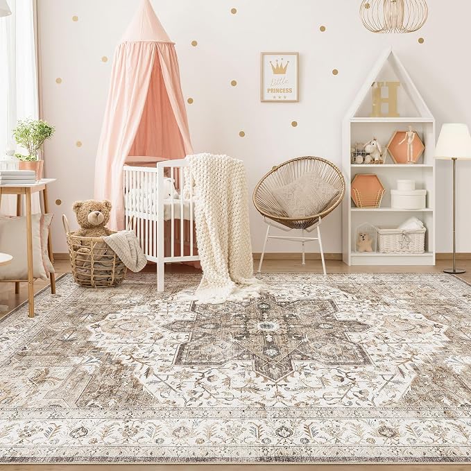 Tortania Area Rug Living Room Rugs - 10x12 Washable Boho Rug Vintage Oriental Distressed Farmhouse Large Thin Indoor Carpet for Living Room Bedroom Under Dining Table Home Office - Brown