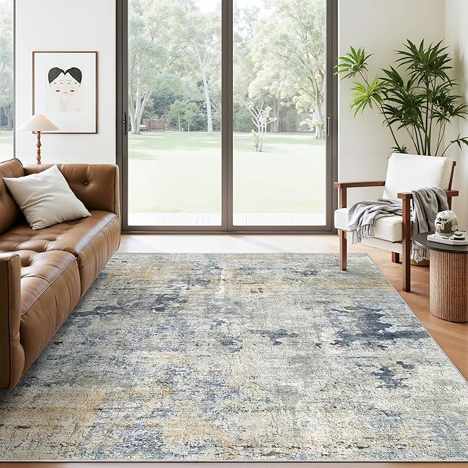 Soalmost Abstract Rug 5x7 Machine Washable Area Indoor Blue Yellow Low Pile Non-Slip Foldable Thin Accent Rugs for Bedroom Living Room Dining Room