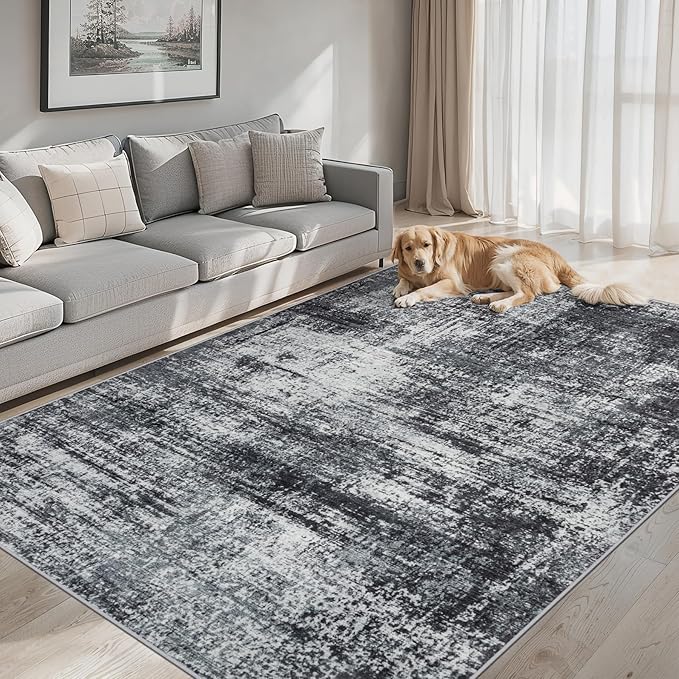 Area Rugs 9x12 Living Room - Washable Rug Modern Abstract Soft Large Neutral Non-Slip Carpet Indoor Floor Thin Carpets for Bedroom Dining Room Farmhouse Nursery Home Office Dark Black