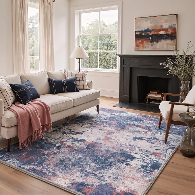 BEIMO 2X7 Runner Rug for Hallway Kitchen, Machine Washable Runners Rug for Entryway, Soft Modern Abstract Throw Rugs, Low Pile Floor Cover with Non Slip Backing, Red Blue