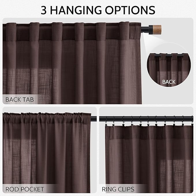 Coffee Brown Linen Curtains for Living Room 94 Inches Long Light Filtering Semi Sheer Curtain Back Tab Rod Pocket Luxury Modern Rustic Home Decor Neutral Drapes for Bedroom Dinner Room 52x94, 2 Panels