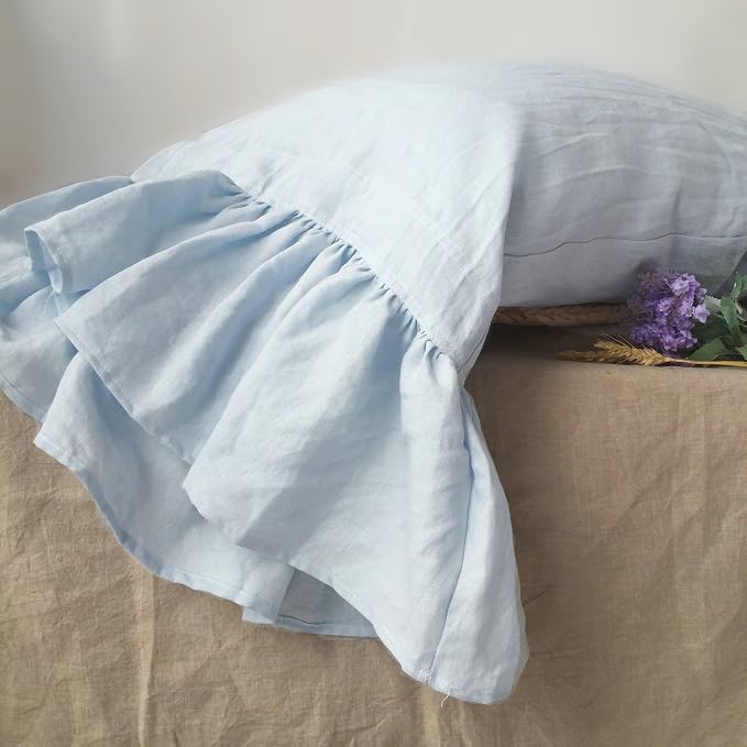 100% French Linen Pillowcase, Framhouse Shabby Chic Style Long Ruffle Pillow Cover, Pure Flax Pillow Sham, King Queen Twin Size 1 pcs (Queen, Water Blue)