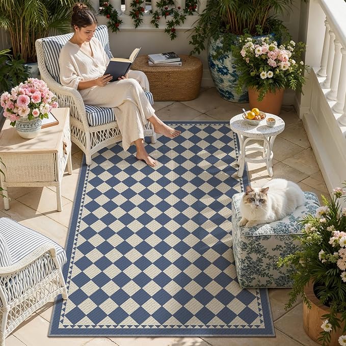 HUGEAR 3'x5' Outdoor Rug Blue Patio Checkered Waterproof Linen-Look Outside Floor Mat Carpet Area Rug for Deck Porch Balcony Backyard Camping RV Picnic Beach Home Decor