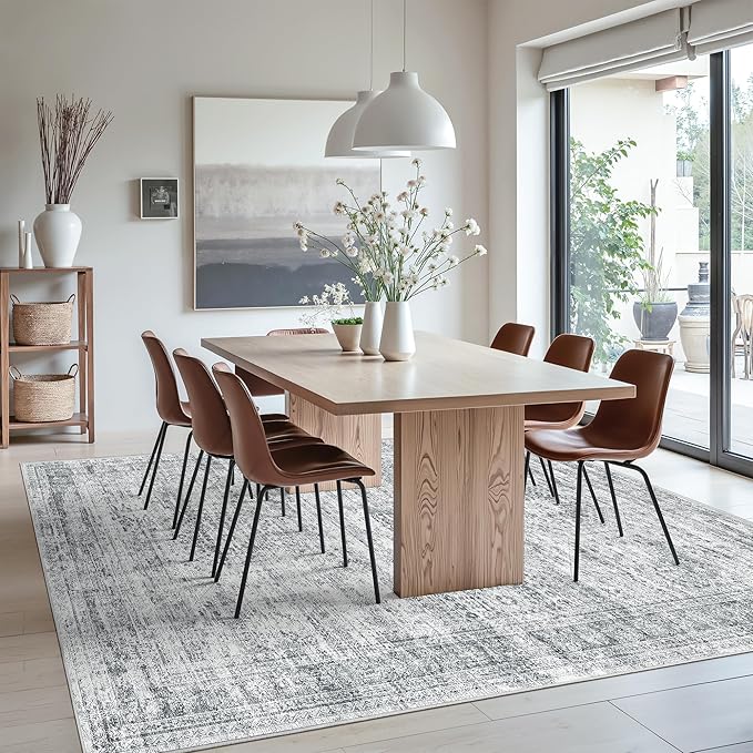 Soalmost Area Rug 10x12 Vintage Washable Living Room Large Gray Carpet Non Slip Bedroom Indoor Office Dining Room Low Pile Thin Rug Grey