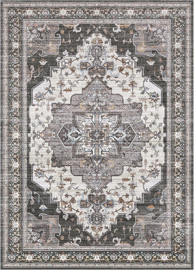 BEIMO Area Rugs 5x7 for Living Room Bedroom, Modern Vintage Boho Machine Washable Large Rug Soft Rug, Low Pile Floor Carpet with Non Slip Backing for Dining Room,Dark Grey