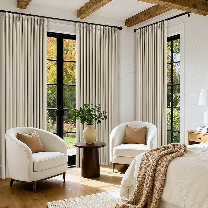 Pinch Pleated Blackout 90 Inch Curtains 70 Inch Wide Linen Dual Layer Soundproof Farmhouse Bedroom Window Curtains for Living Room Sliding Door with Hooks Rings Back Tab 100% Black Out Drapes 1 Panel