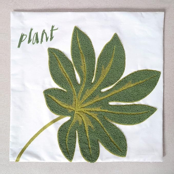 Embroidery Throw Pillow Cover 18x18 Green Tropical Leaf Loop Plant Word Embroidered Floor Pillow Cover for Couch 100% Cotton Decorative Cushion Cover Home Décor Pillow Case 45x45cm, 1 Piece