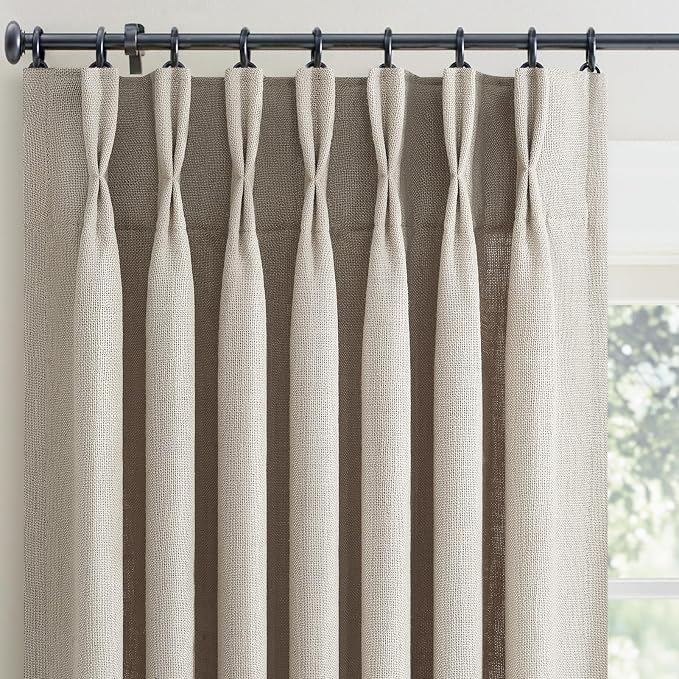Grey Beige Linen Curtains Pinch Pleated 84 Inch Long 2 Panels for Living Room Bedroom Thick Linen Textured Semi Sheer Rustic Farmhouse Back Tab Pleat Drapes With Hooks Floor to Ceiling Curtains Greige