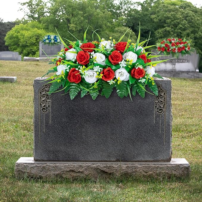 DONODA Cemetery Tombstone Flower Saddle - Outdoor Grave Decorations - Non-Bleed Colors, Rose Combination Flower (Red and White Saddle)