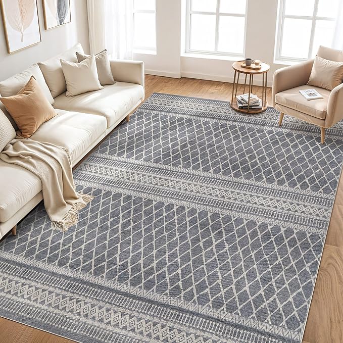 cotiled 10x12 Area Rug Living Room: Washable Boho Rugs with Non Slip Backing Large Soft Indoor Stain Resistant Carpet for Bedroom Farmhouse Dining Room Lightweight Home Decor Charcoal Grey