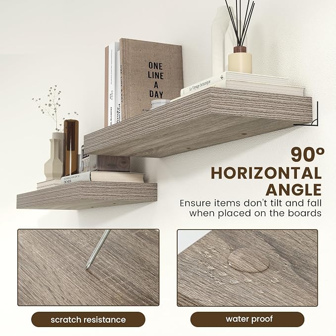 FLYJOE Deep Floating Shelves, 36 Inch Grey Shelves Set of 2 | 12 Inch Deep Shelves for Wall, 36'' x 12'' Rustic Grey Wood Shelves for Bathroom Living Room Laundry Room Kitchen