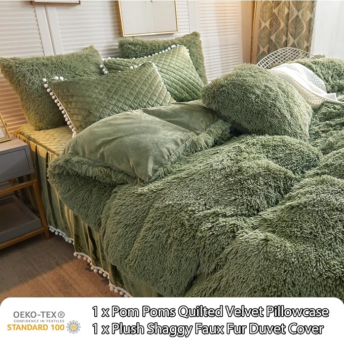 LIFEREVO Luxury Plush Shaggy Duvet Cover Set, Soft Velvet Fluffy Furry Duvet Cover Set(1 Faux Fur Fuzzy Comforter Cover+1 Pompoms Pillowcase)Solid Bedding Set, Zipper Closure(Twin/Twin XL, Sage Green)