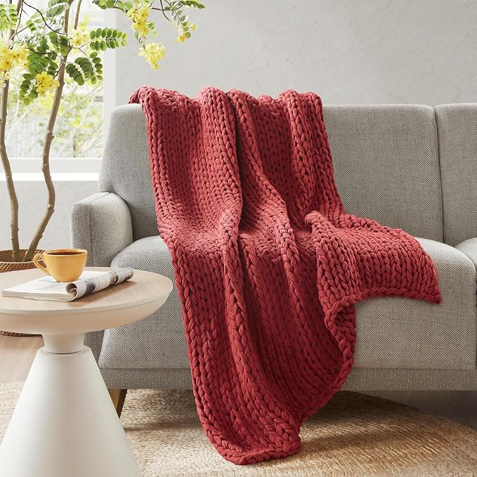 Madison Park Boho Throw Blanket, Soft Blanket Handmade Gift Home Decor, Lightweight & Breathable All Seasons Spring Chunky Knit Blanket, Knitted Throw for Couch, Bed Blanket, 50"x60" Red
