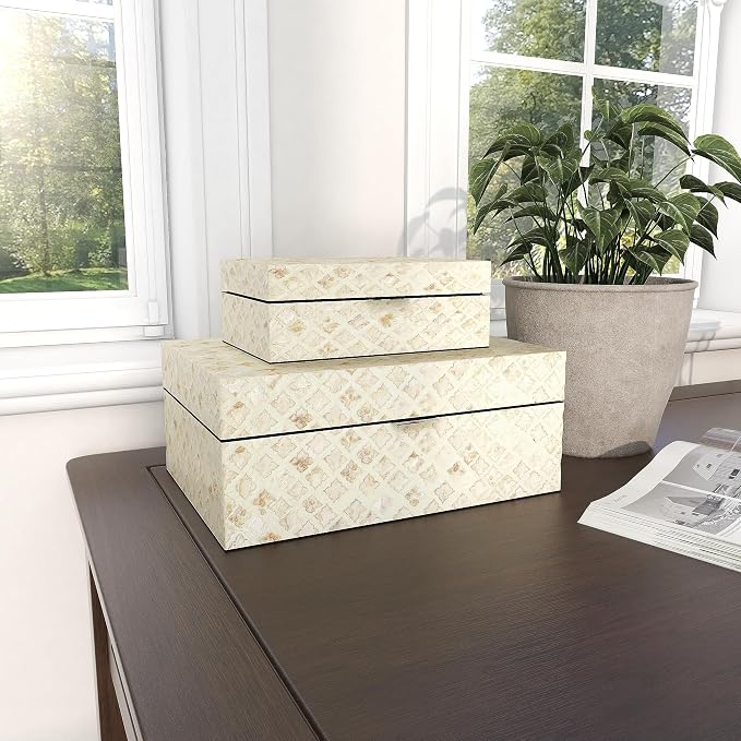 Deco 79 Mother of Pearl Shell Handmade Decorative Box Decorative Keepsake Boxes with Hinged Lid, Set of 2 Storage Boxes 12", 8"W, Cream