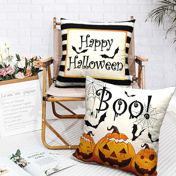 Set of 2 Happy Halloween Pillow Covers 22x22 Indoor Halloween Decorations Pumpkin Throw Pillow Covers Spider Web Bat Pillow Case Black Striped Pillowcase for Living Room Sofa Couch