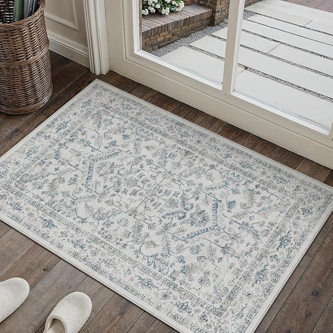 PureCozy Blue 2x3 Entryway Rug Vintage Area Carpet Indoor Kitchen Washable Door Mat Entrance Small Low Pile Traditional Distressed Retro Accent Throw Rug Non Slip Office Bathroom
