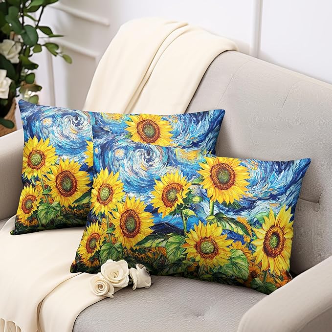 Sunflower Lumbar Pillow Covers 12x20 Set of 2 Van Gogh Starry Night Throw Pillow Covers Oil Painting Sunflowers Pillow Case Spring Summer Cotton Linen Cushion Case for Sofa Garden Patio