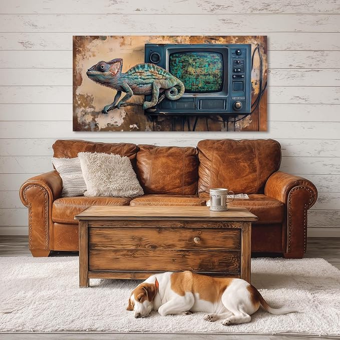 Ggaafet Retro Chameleon Wall Art for Living Room Canvas Painting Prints Rustic TV Television Art Deco Fantasy Artwork Office Bedroom Farmhouse Dining Room Decor Large
