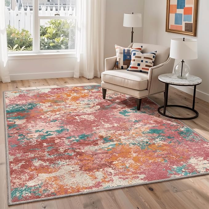BEIMO 2X10 Runner Rug for Hallway Kitchen, Machine Washable Runners Rug for Entryway, Soft Modern Abstract Throw Rugs, Low Pile Floor Cover with Non Slip Backing, Red Green
