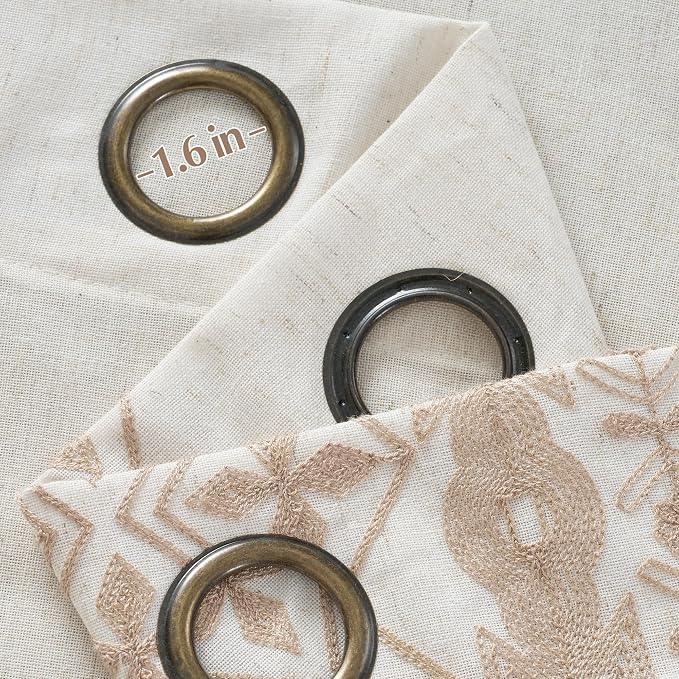 NICETOWN Farmhouse Floral Curtains Light Sand Embroidery Trim 96" Long - Beautiful Linen Texture Drapes for Sun Room, Grommet Farmhouse Style Light Filtering Privacy Protection, W52 x L96, 2 Pcs