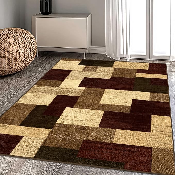 Modern Geometric Patchwork Indoor Area Rug for Living Room, Red 4x6 Large Rug Rockwood Collection Hardwood Floors Decor for Bedroom, Burgundy Throw Carpet for Office Entryway Dining Room