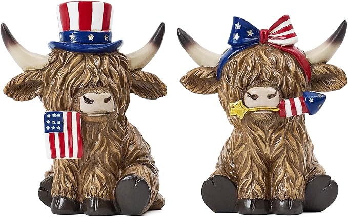 Valery Madelyn 4th of July Highland Cow Decorations, Memorial Day Decoration for Home Decor, Medium 2Pcs Patriotic High Mountain Yak Figurines USA 250th Anniversary Decorations, Independence Day