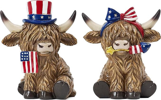 Valery Madelyn 4th of July Highland Cow Decorations, Memorial Day Decoration for Home Decor, Medium 2Pcs Patriotic High Mountain Yak Figurines USA 250th Anniversary Decorations, Independence Day