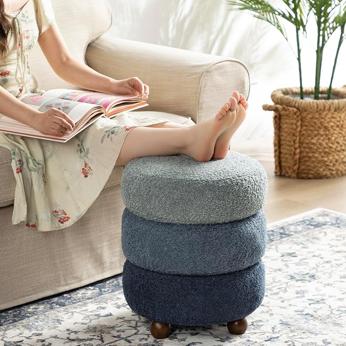 Glitzhome Round Ottoman with Storage Set of 2 Vanity Stool Foot Rest with Removable Lid Modern Upholstered Velvet Storage Ottoman Stool for Living Room and Dorm, Gradient Blue