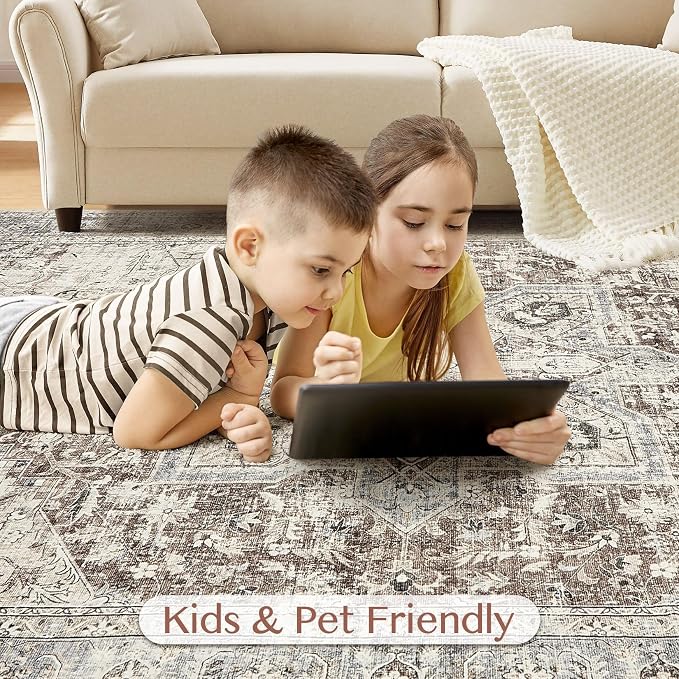 Tortania 6' Round Area Rug Living Room Rugs - Washable Boho Rug Vintage Oriental Distressed Farmhouse Large Thin Indoor Carpet for Bedroom Under Dining Table Home Office - Brown Blue
